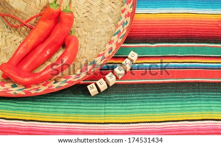 Mexican fiesta poncho rug in bright colors with sombrero background with copy space chilli