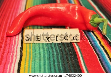 word Mexico fiesta poncho rug  in bright colors background with chili and copy space