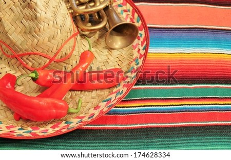Traditional Mexican fiesta poncho rug in bright colors with sombrero chilli chili background with copy space