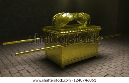 The Ark of the Covenant. A 3D rendering of the Ark of the Covenant, also known as the Ark of Testimony. Set in an old dusty temple room with light rays emanating from above.