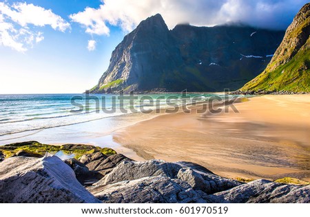 Mountain beach landscape. Beach scene at mountain sea