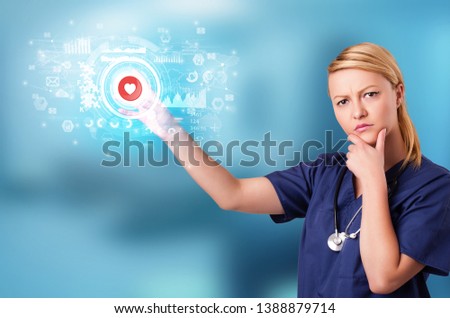 Doctor touching hologram screen displaying medical symbols and charts