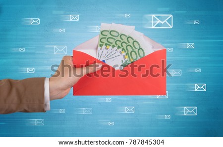 Female hand holding coloured and white envelope with blue background and message symbols around