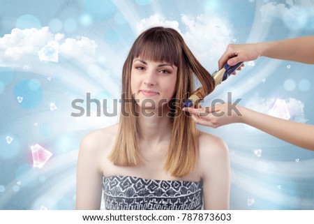 Pretty girl portrait prepare with diamonds and cloudy wallpaper