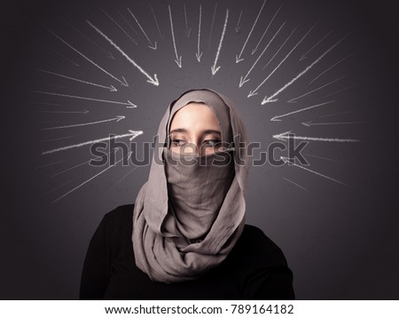 Young muslim woman wearing niqab with white arrows pointing to her head