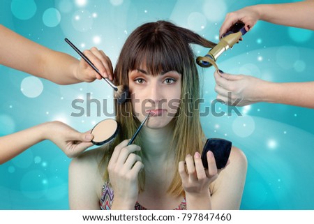Graceful brunette woman getting ready with shiny turquoise wallpaper