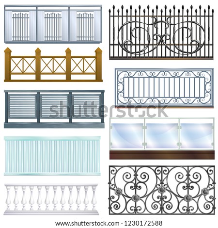 Balcony railing vector vintage metal steel fence balconied decoration architecture design illustration set of classical handrail balustrade construction isolated on white background
