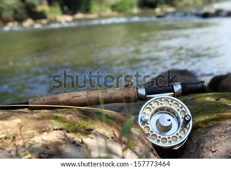 Close up mayfly and fishing rod on the stone near the river