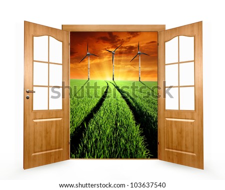 Open the door to the green wheat field with wind turbines