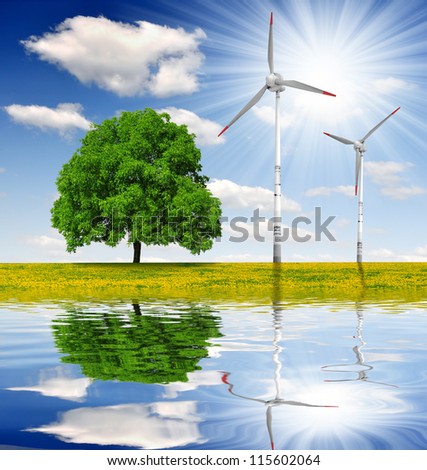 spring landscape with wind turbines