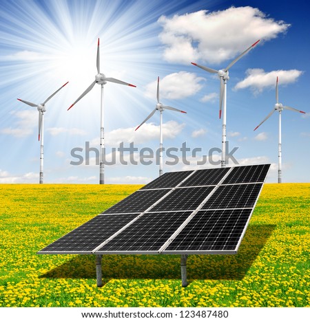 solar energy panels and wind turbine