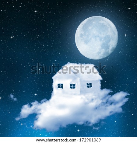 The house from clouds on night sky with moon.