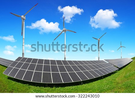 Solar energy panels and wind turbines. Clean energy concept.