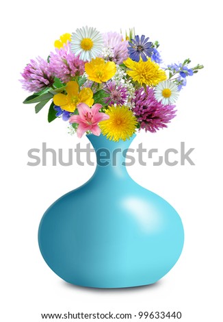 meadow flowers in vase isolated on white background
