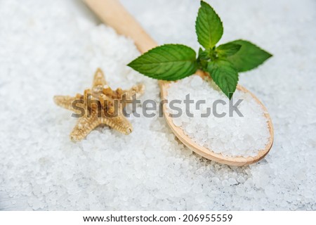 Spa, Scented Sea white salt with peppermint, Selective focus