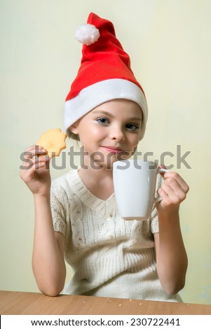 Cute girl in Santa Claus hat eat cookies.  Christmas, x-mas, New Year, winter, people, advertisement, sale concept.