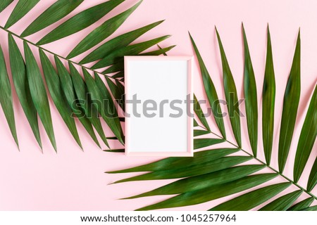 Stylish minimal composition with photo frame and green leaves on a pink pastel background. Artwork mockup with copy space