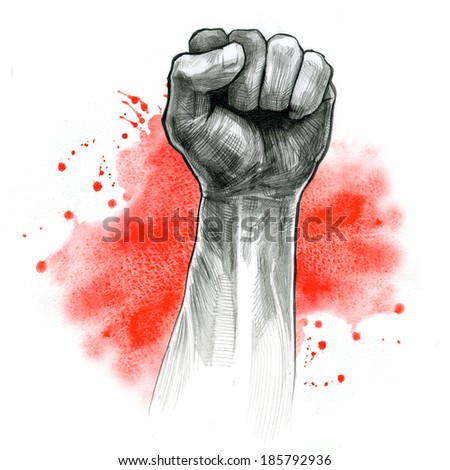 fist hand gesture, pencil drawing and watercolor