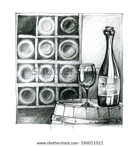 pencil drawing of wine cellar