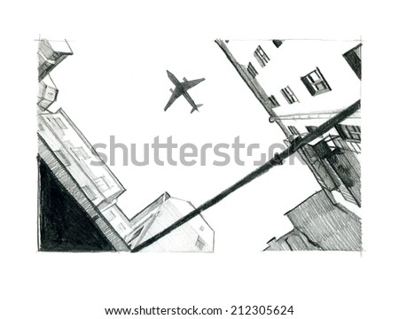pencil drawing of plane in the sky of the city