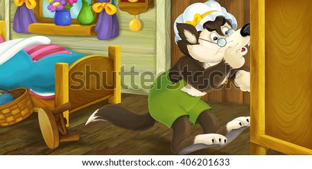 Cartoon scene wolf in the old wooden room - illustration for children