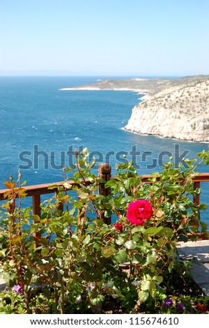 View from terrace with rose plants on turquoise lagoon of Aegean Sea, Thassos island, Greece