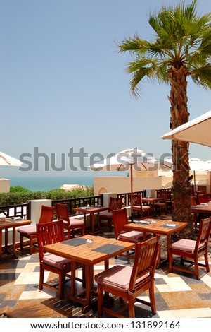 The sea view terrace of restaurant at luxury hotel, Ras Al Khaimah, UAE