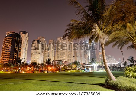 Night illumination of the luxury hotel, Dubai, UAE