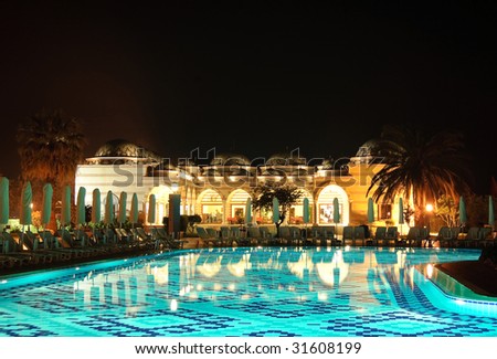 Swimming pool area in night illumination, Antalya, Turkey