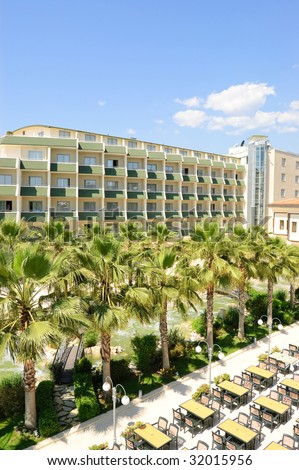 Hotel main building with open air restaurant, Antalya, Turkey