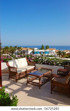 Sea view relaxation area of luxury hotel, Crete, Greece