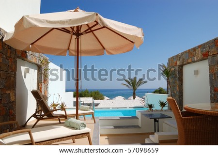 Sunbeds at the luxury villa, Crete, Greece