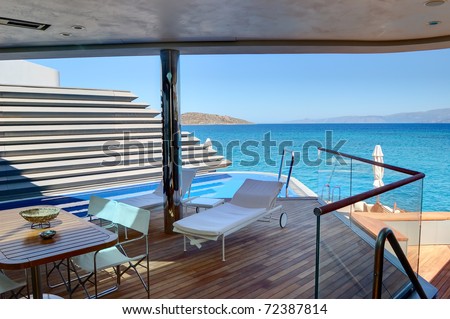Outdoor recreation area of holiday villa at luxury hotel, Crete, Greece