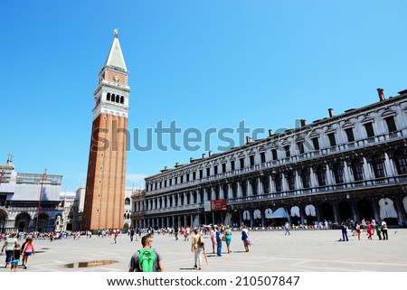 VENICE, ITALY - JUNE 16: The St Mark\'s Square with tourists on June 16, 2014 in Venice, Italy. More then 46 mln tourists is expected to visit Italy in year 2014.