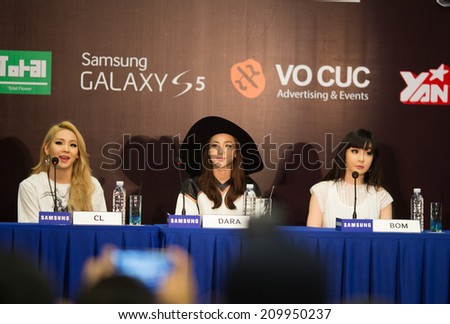 Ho Chi Minh , VietNam - August 9, 2014:  Korean girl famous band 2NE1 attend the press conference for their concert Galaxy Stage  in Vietnam (All For Nothing world tour) at Pullman Saigon Center.