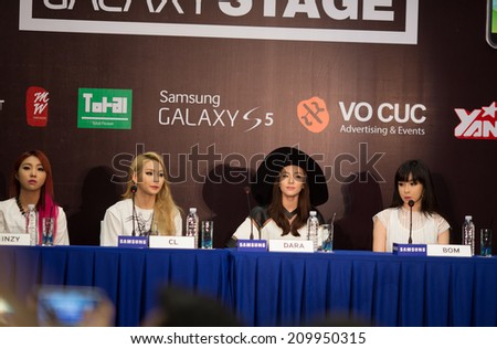 Ho Chi Minh , VietNam - August 9, 2014:  Korean girl famous band 2NE1 attend the press conference for their concert Galaxy Stage  in Vietnam (All For Nothing world tour) at Pullman Saigon Center.