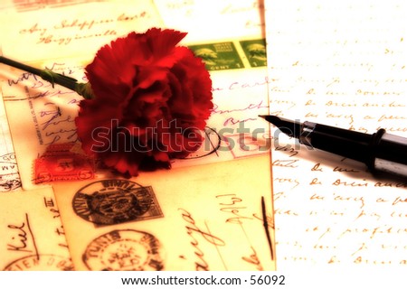 Photo of a Red Carnation, Pen and Letters With Blur Effect.
