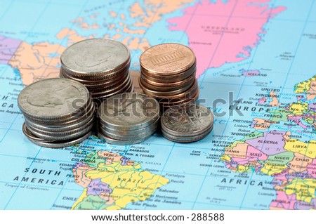 Coins and a World Map.