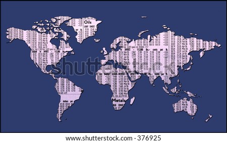 World Map With Stock Quotes Overlayed. Clipping Path Included.