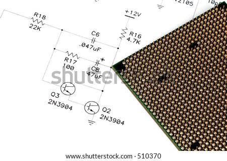 Photo of a CPU and Technical Drawing