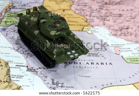 Map of Middle East and Toy Tank - Fight Terrorism Concept