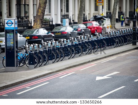 LONDON, ENGLAND - FEB 17: London push bikes on February 17th, 2012 in London, England. London\'s bicycle sharing scheme sponsored by Barclay\'s, launched in 2010 with 6,000 bikes and stations in London.