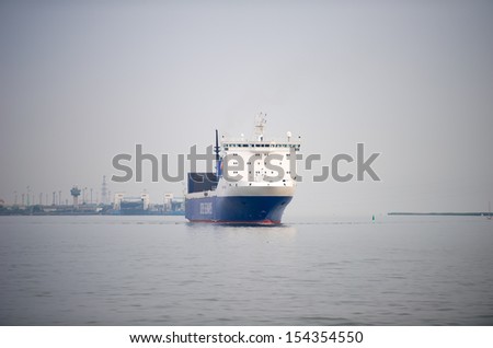 KLAIPEDA, LITHUANIA - JULY 29: DFDS ship BOTNIA SEAWAYS in Klaipeda harbor on July 29, 2013 Klaipeda, Lithuania. DFDS SEAWAYS is Northern Europe\'s largest shipping and logistics company.