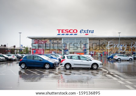 FAILSWORTH, MANCHESTER - OCT 14: Tesco Extra Store on Oct. 14, 2013 in Failsworth, Manchester, England. Tesco PLC is a British multinational grocery and general merchandise retailer.