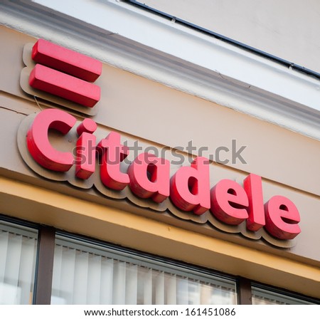 VILNIUS - OCTOBER 28: Citadele Bank branch sign in Gediminas Avenue on October 28, 2013 in Vilnius, Lithuania. Bank Citadele is the largest local bank in Latvia with branch offices in other countries.