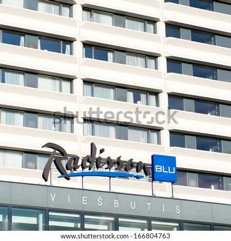 VILNIUS - OCT 29: Radisson Blu Hotel sign on Oct. 29, 2013 in Vilnius, Lithuania. Radisson Blu Hotels & Resorts, part of the Rezidor Hotel Group, currently operates more than 230 hotels worldwide.