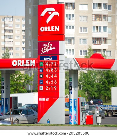 VILNIUS - JULY 6: Orlen petrol station on July 6, 2014 in Vilnius, Lithuania. PKN Orlen is a major Polish oil refiner, and petrol retailer. PKN Orlen headquarters in Plock, Poland.