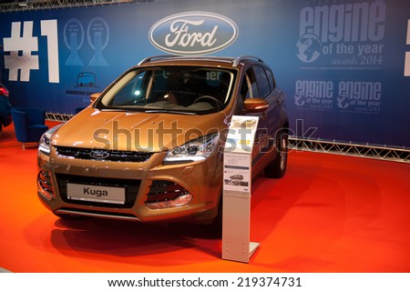 KAUNAS - SEP 19: Brand New Ford Kuga SUV on display on Sep. 19, 2014 in Kaunas, Lithuania. The Ford Kuga is a compact sport utility vehicle (SUV) produced by Ford since 2007.