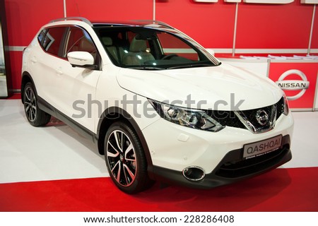 KAUNAS - SEP 19: Nissan Qashqai crossover on display on Sep. 19, 2014 in Kaunas, Lithuania. The Nissan Qashqai is a compact crossover produced by the Japanese car manufacturer Nissan since 2007.
