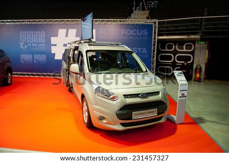 KAUNAS-SEP 19: Ford Tourneo Connect van on display on Sep. 19, 2014 in Kaunas, Lithuania. The all-new Ford Tourneo Connect is essentially a hard-working Transit Connect van with rear seats and windows